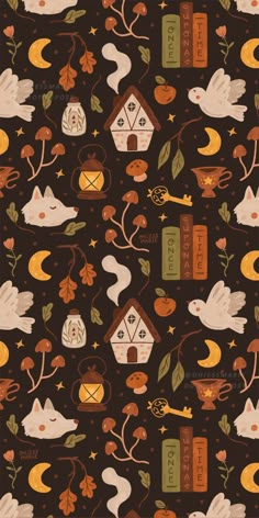 a brown background with cats and birds on it