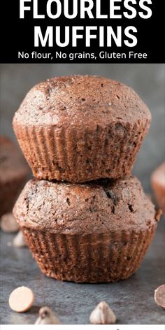 two chocolate muffins stacked on top of each other with text overlay that reads no flour, no gluten free