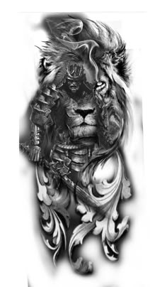 a black and white photo of a lion with an ornate design on it's chest