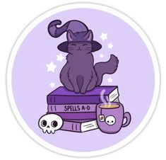 a purple sticker with a cat sitting on top of books and a cup of coffee