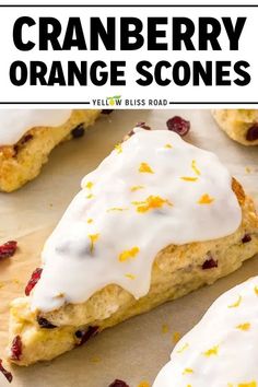 cranberry orange scones with white icing on top