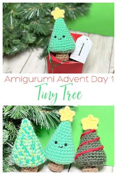 three crocheted christmas trees with the text, amigurm adventure day 1 tiny tree