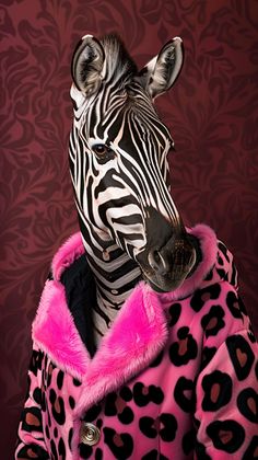 a zebra dressed in pink and black with a leopard print coat over it's shoulders