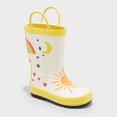 Toddler Willow Rain Boots - Cat & Jack™ Yellow 7T Moon Rainbow, Rainbow Stars, Yellow Trim, Rubber Boot, Zipper Boots, Rainy Season, Baby Shorts, Liner Socks, Knitted Tshirt