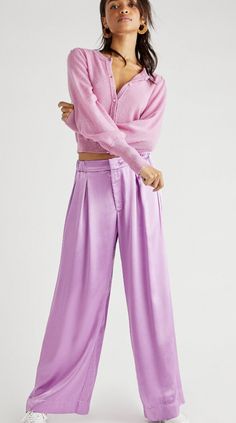 Feminine Bottoms For Daywear, Feminine Pants For Daywear, Feminine Daywear Pants, Feminine Wide Leg Bottoms For Daywear, Chic Purple Wide Leg Pants, Chic Pink Wide Leg Pants For Fall, Chic Purple Bottoms For Day Out, Trendy Spring Daywear Bottoms, Chic Pink Pants For Daywear