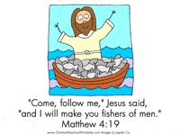 an image of jesus in a boat with the words, come, follow me, jesus said and i will make you fishers of men