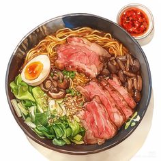 a bowl filled with meat and noodles next to an egg on top of a table