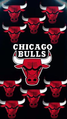 the chicago bulls logo is surrounded by white and red bull's heads on a black background