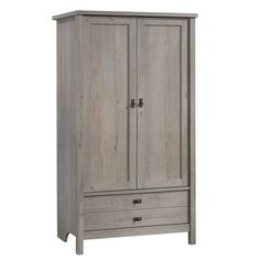 the armoire is made from wood and has two drawers