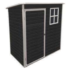 a black storage shed with white trim and windows on the side, isolated against a white background