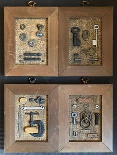 three framed pictures with keys and locks on them