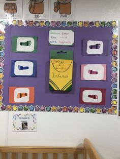 a bulletin board with different items on it in a child's room or playroom