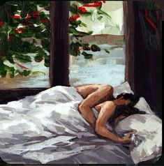 a painting of a woman laying on a bed in front of a window with red flowers