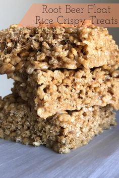 three homemade root beer floatt rice crispy treats stacked on top of each other