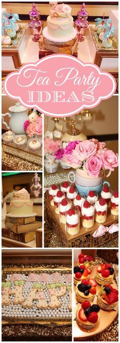 tea party ideas with pink roses and cupcakes on the table, including cakes