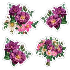 four stickers with purple flowers and green leaves on them, all in different shapes