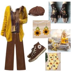 Bumble Bee Inspired Outfit, Yellow Witch Outfit, Yellow And Brown Outfits, Honeycore Outfits, Cottagecore Boy Outfit, Brown And Yellow Outfit, Nature Aesthetic Outfit, Honey Core