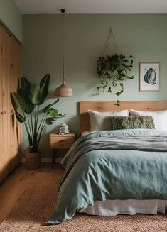 a bedroom with green walls and plants on the wall