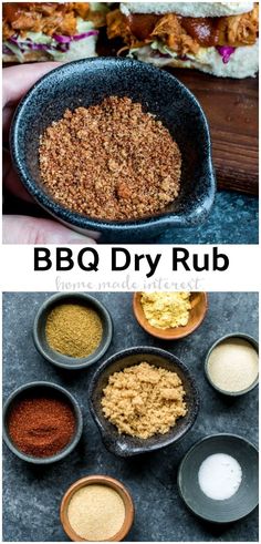 bbq dry rub recipe with ingredients in bowls