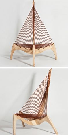 two photographs of the same chair with different angles and colors, one showing it's wooden frame