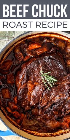 beef chuck roast recipe in a pot with rosemary garnish on top and title text overlay