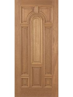 a wooden door with an arch design on the top and bottom panel, in light wood