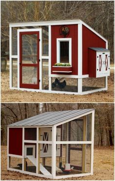 two pictures of a red and white chicken coop