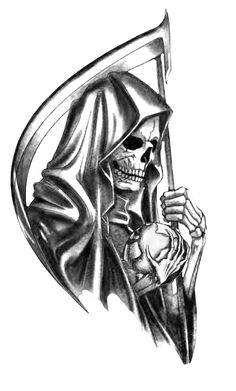 a drawing of a grim skeleton holding a sculler in one hand and a skull in the other