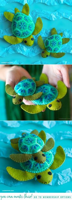 two pictures showing how to make a turtle out of felt