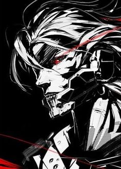 an anime character in black and white with red streaks on his face, looking to the side