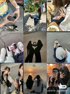 several pictures of people making heart shapes with their hands and shadows on the ground while one person takes a selfie