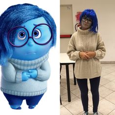 a woman with blue hair and glasses standing next to a cartoon character