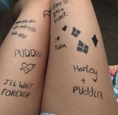 Harley Quinn Tattoos Costume, Harley Quinn Leg Tattoos, Harley Joker Costume, Harely Quinn Tattoos, Harley Quinn And The Joker Tattoo, Harley Quinn And The Joker Costume, Joker And Harley Quinn Halloween Costume