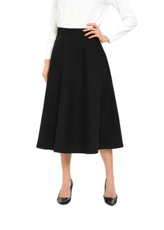 This classic black knee-length skirt is the perfect addition to any wardrobe. Its simple and timeless design makes it versatile and easy to wear for any occasion. The skirt falls at the knee, making it an appropriate and modest length. The A-line cut of the skirt creates a flattering silhouette and comfortable fit. It is made with a lightweight and breathable fabric that will keep you cool and comfortable all day long. It is available in sizes XS to XL, and with a length of 31 inches, it can acc Classic Black A-line Skirt, Elegant Black A-line Skirt, Black A-line Relaxed Fit Skirt, Knee-length Maxi Skirt For Workwear In Fall, Black A-line Pleated Skirt, Relaxed A-line Office Skirt, Elegant Black A-line Pleated Skirt, Classic Midi-length Maxi Skirt, Classic Midi Length Maxi Skirt With Relaxed Fit