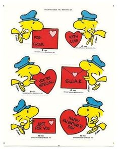 four stickers with cartoon characters holding hearts and saying, happy valentine's day