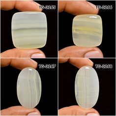 four pictures showing different shapes and sizes of soaps in the palm of someone's hand