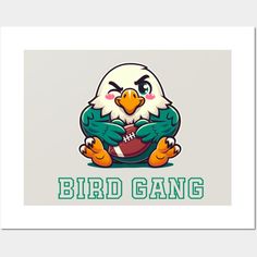 an angry bird holding a football ball with the words bird gang on it