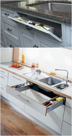 there are two pictures of the same kitchen sink and counter top, one has an open drawer in it