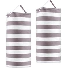 two gray and white striped storage bags