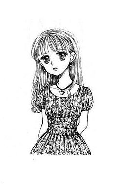 a drawing of a girl with long hair wearing a dress and standing in front of a white background