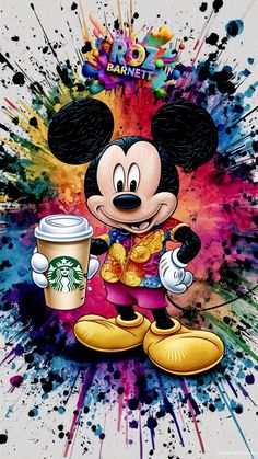 mickey mouse holding a cup of coffee with paint splatters around it