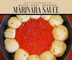 an image of marinara sauce in a pan with dumplings on the side and text overlay that reads quick, easy, amazing cooking marinara sauce