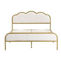 a white bed with gold frame and headboard on an isolated white background, viewed from the side