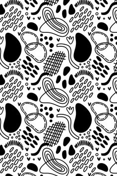 an abstract black and white pattern with hearts, leaves, and other things on it