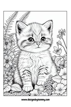 a coloring book page with a kitten sitting in flowers