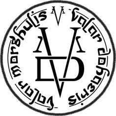 an emblem with the letters and symbols in black on a white background, which reads