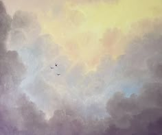 a painting of two birds flying in the sky with clouds behind them and one bird on the ground