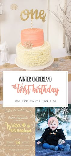 a collage of photos with the words winter onederland first birthday on it