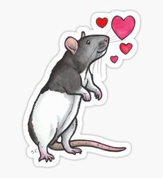 a sticker with a rat on it's back and hearts in the background