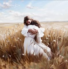 a painting of two people hugging each other in the middle of a field with tall grass